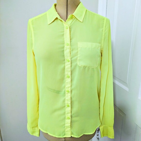 AMERICAN EAGLE highlighter yellow sheer button up blouse S - Picture 1 of 4